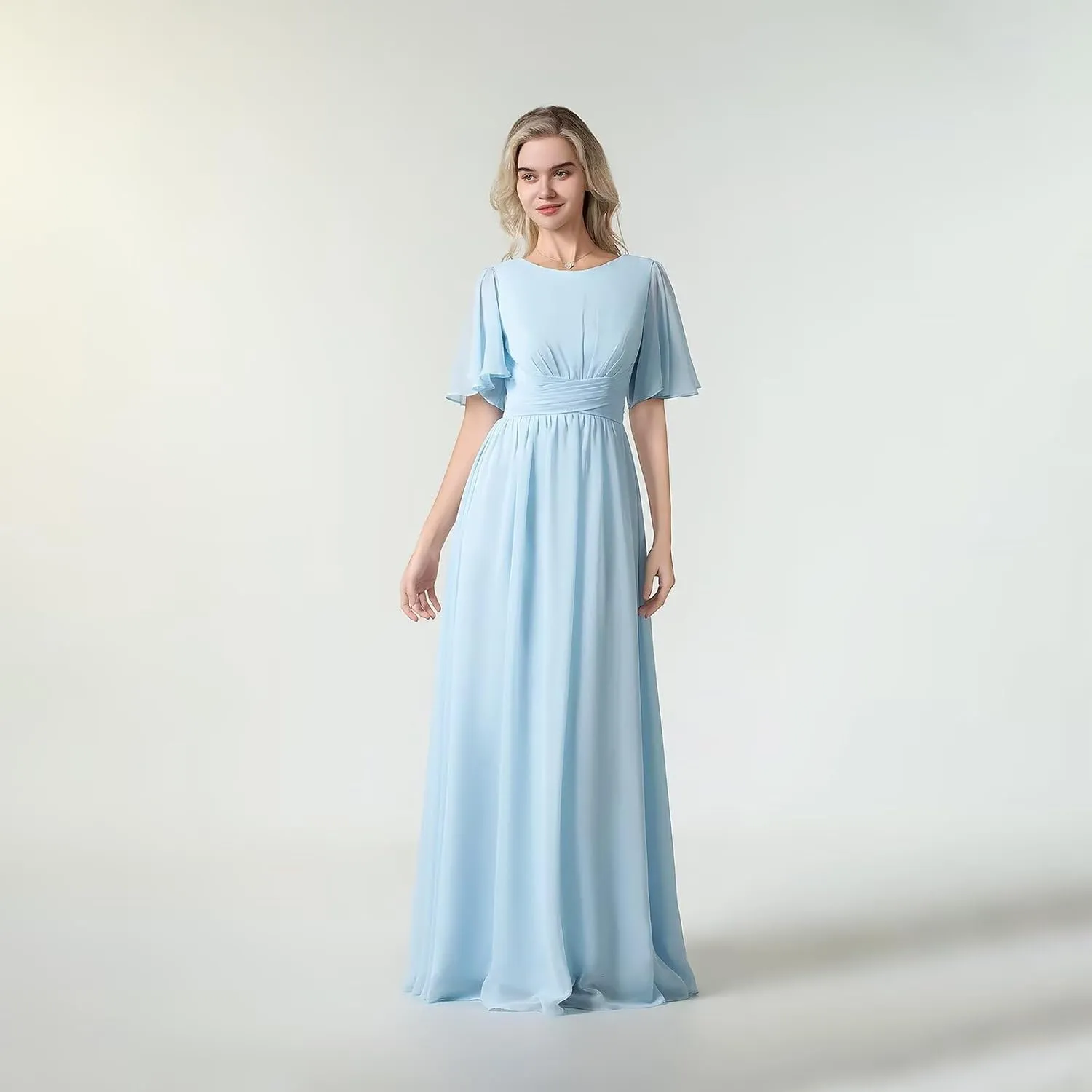 Women's Chiffon Flutter Sleeve Bridesmaid Dresses Long Scoop Neck Formal Evening Dress Wedding Guest Dress