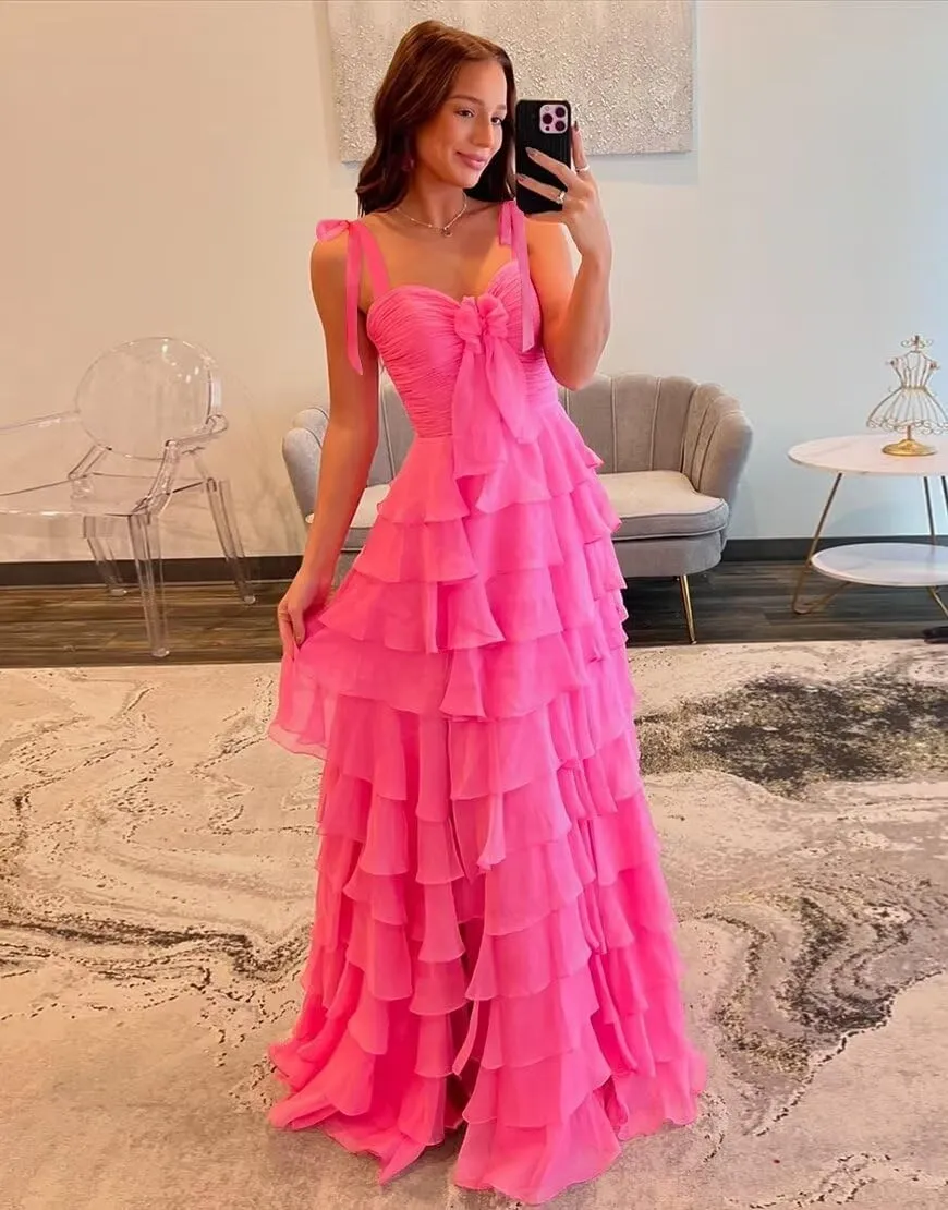 Womens Chiffon Tiered Ruffles Prom Dresses 2025 Spaghetti Straps Bow A-Line Long Formal Ball Gown with Slit