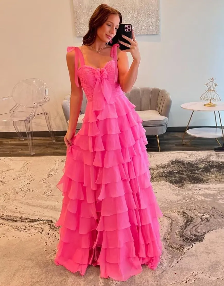 Womens Chiffon Tiered Ruffles Prom Dresses 2025 Spaghetti Straps Bow A-Line Long Formal Ball Gown with Slit