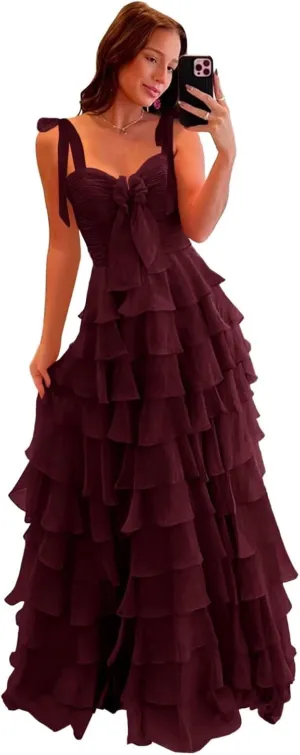 Womens Chiffon Tiered Ruffles Prom Dresses 2025 Spaghetti Straps Bow A-Line Long Formal Ball Gown with Slit
