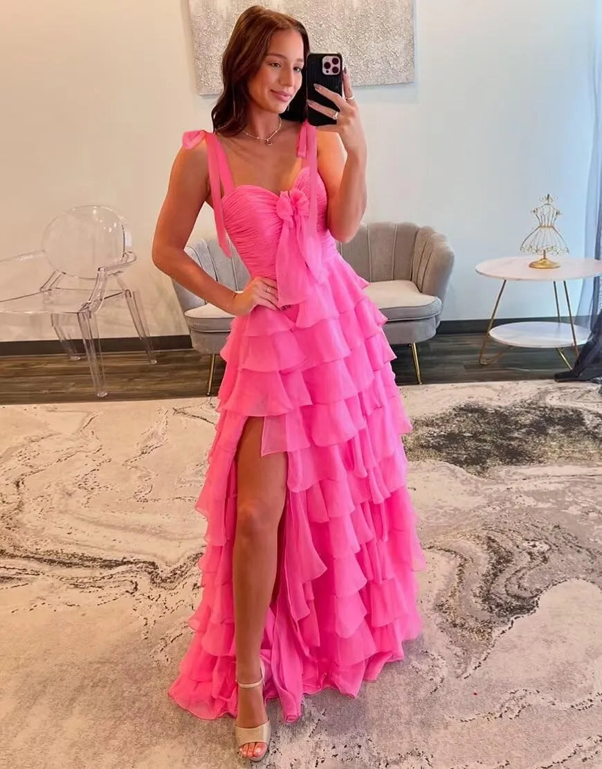 Womens Chiffon Tiered Ruffles Prom Dresses 2025 Spaghetti Straps Bow A-Line Long Formal Ball Gown with Slit