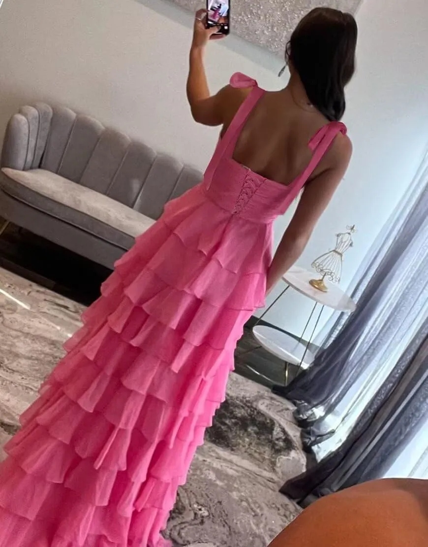 Womens Chiffon Tiered Ruffles Prom Dresses 2025 Spaghetti Straps Bow A-Line Long Formal Ball Gown with Slit