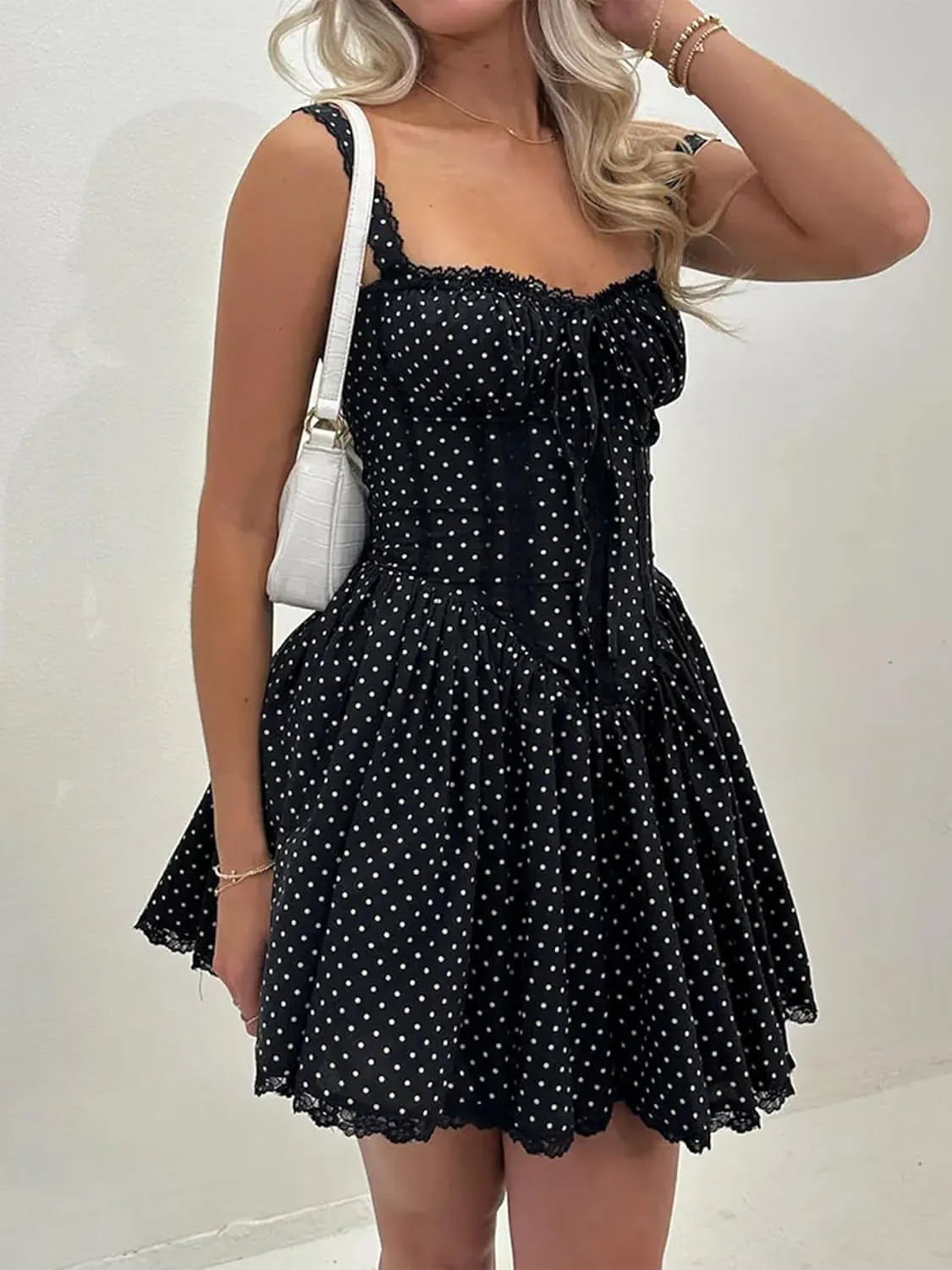 Women's Corset Mini Dress Spaghetti Straps Backless Lace up Low Cut Ruffle Layered Short Dress Sundress