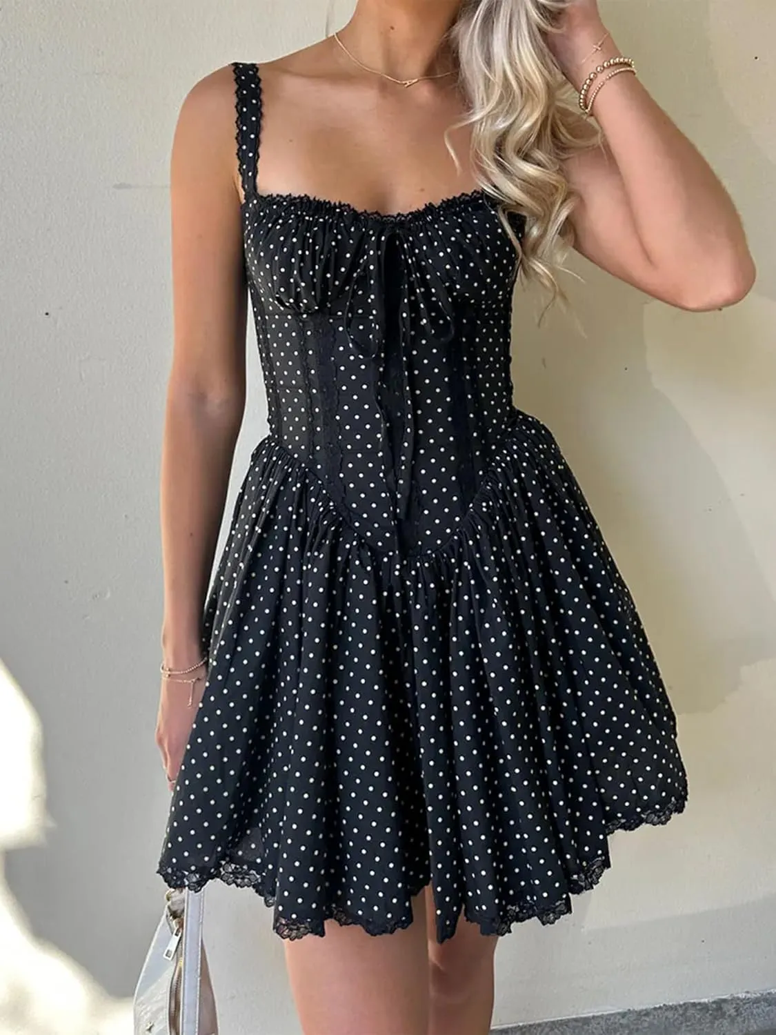 Women's Corset Mini Dress Spaghetti Straps Backless Lace up Low Cut Ruffle Layered Short Dress Sundress