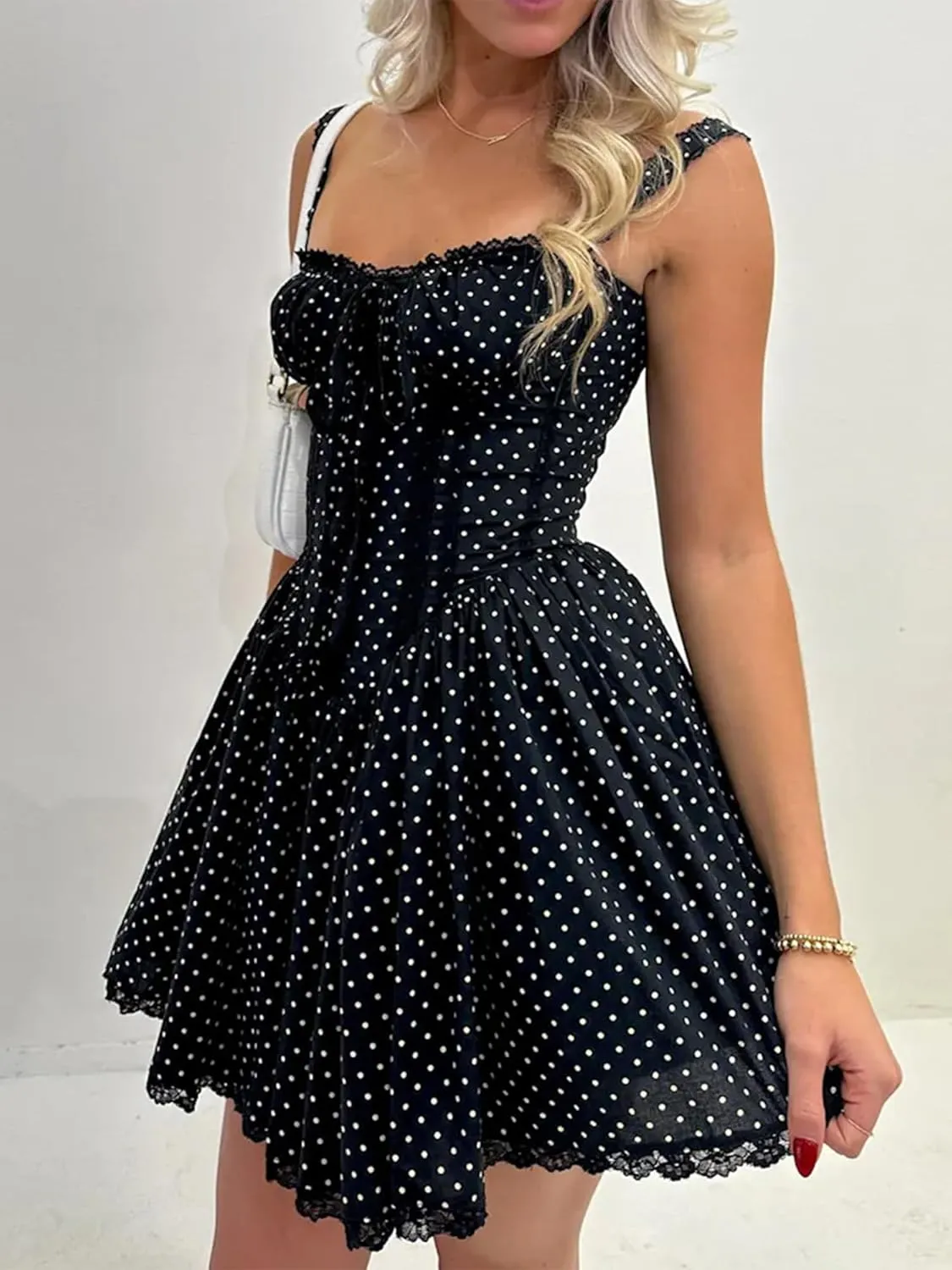 Women's Corset Mini Dress Spaghetti Straps Backless Lace up Low Cut Ruffle Layered Short Dress Sundress