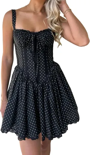 Women's Corset Mini Dress Spaghetti Straps Backless Lace up Low Cut Ruffle Layered Short Dress Sundress
