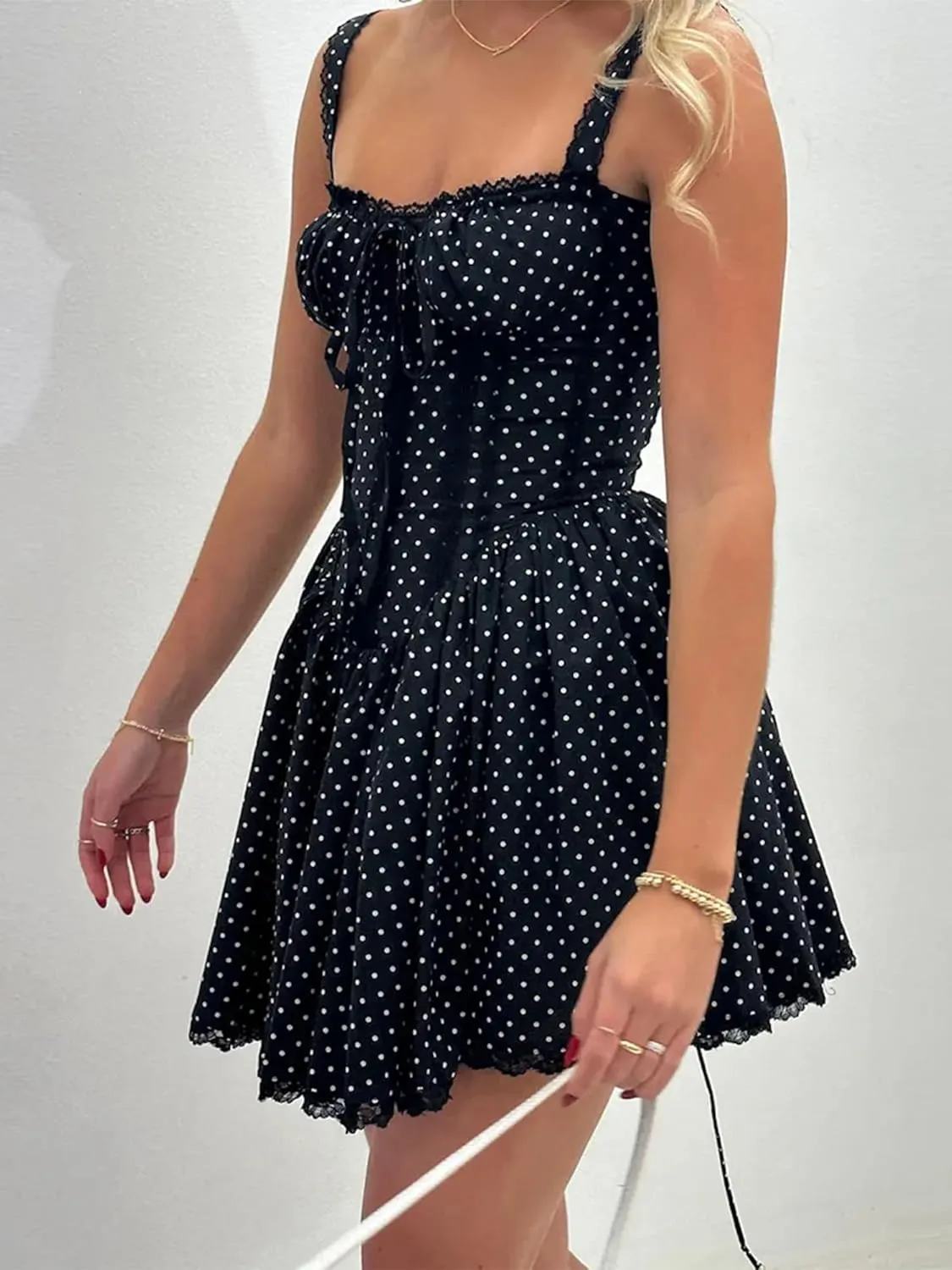 Women's Corset Mini Dress Spaghetti Straps Backless Lace up Low Cut Ruffle Layered Short Dress Sundress
