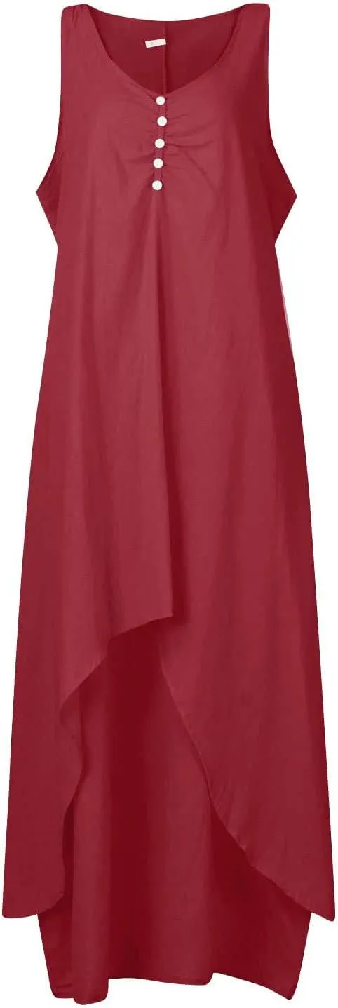 Womens Cotton Linen Midi Dresses Sleeveless Simple Solid Color Sundress Loose Casual Tank Dresses with Pockets
