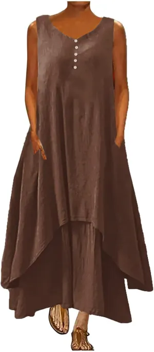Womens Cotton Linen Midi Dresses Sleeveless Simple Solid Color Sundress Loose Casual Tank Dresses with Pockets