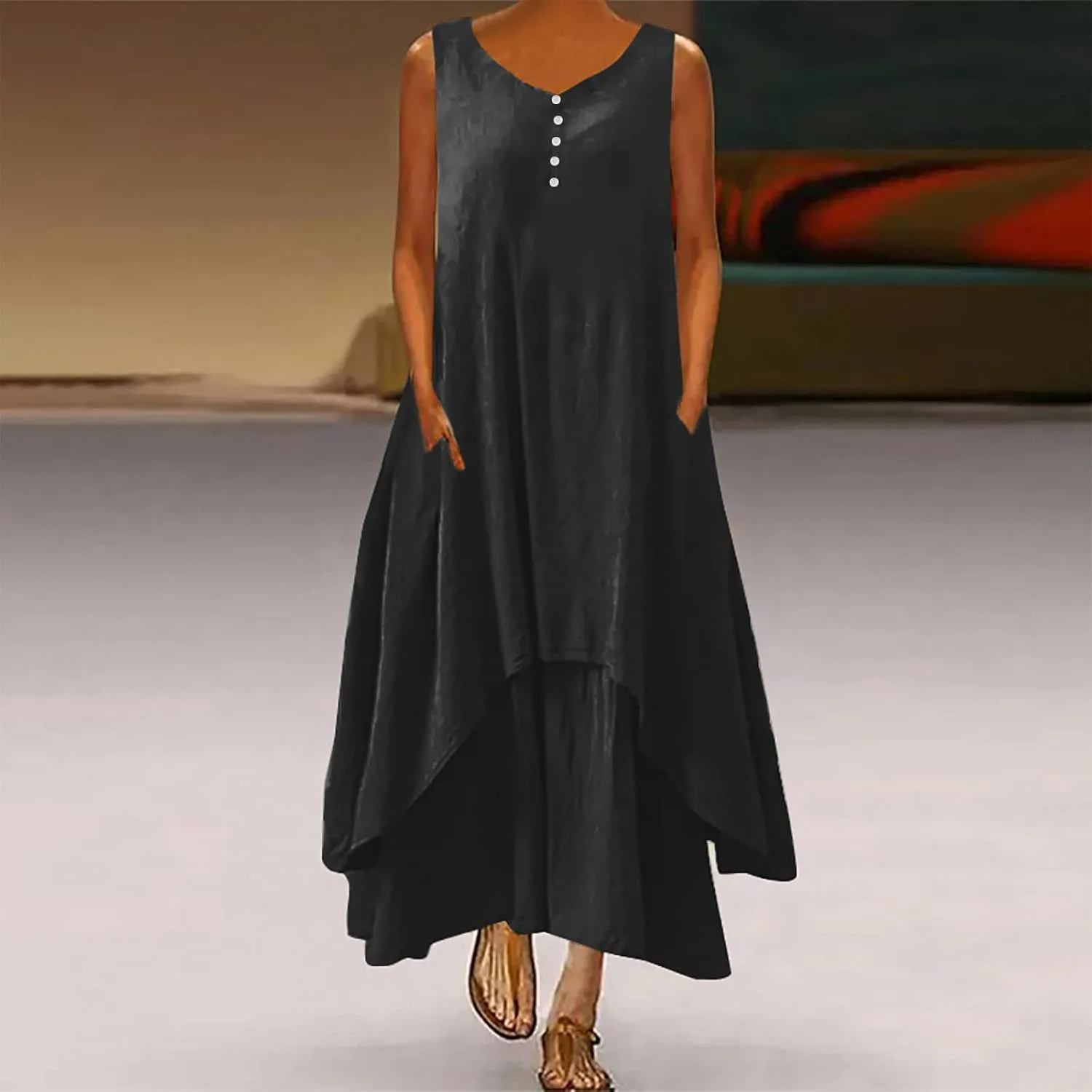 Womens Cotton Linen Midi Dresses Sleeveless Simple Solid Color Sundress Loose Casual Tank Dresses with Pockets