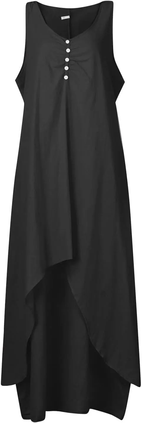 Womens Cotton Linen Midi Dresses Sleeveless Simple Solid Color Sundress Loose Casual Tank Dresses with Pockets