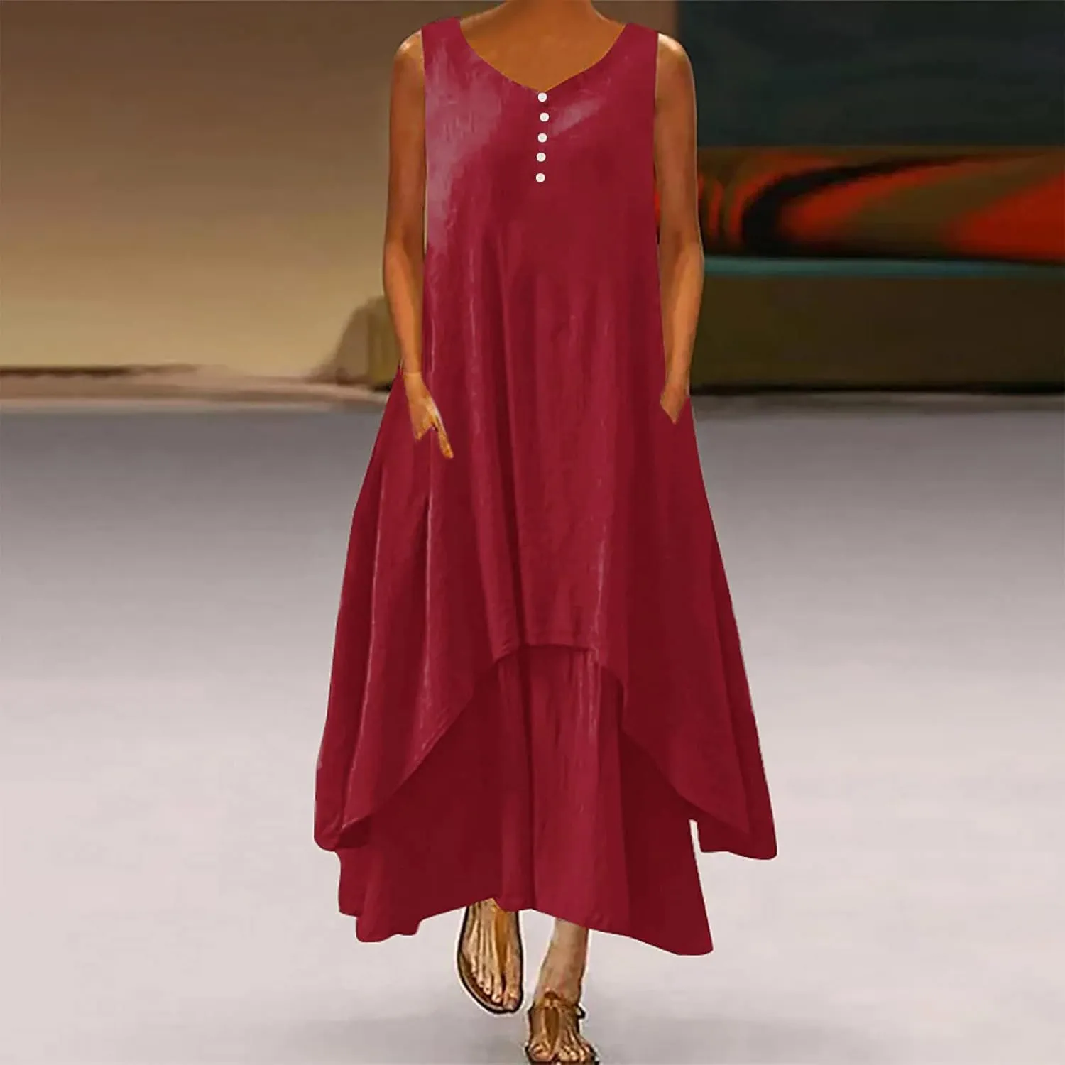 Womens Cotton Linen Midi Dresses Sleeveless Simple Solid Color Sundress Loose Casual Tank Dresses with Pockets