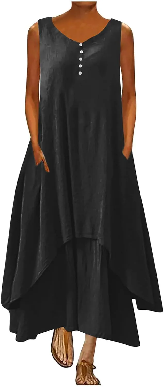 Womens Cotton Linen Midi Dresses Sleeveless Simple Solid Color Sundress Loose Casual Tank Dresses with Pockets