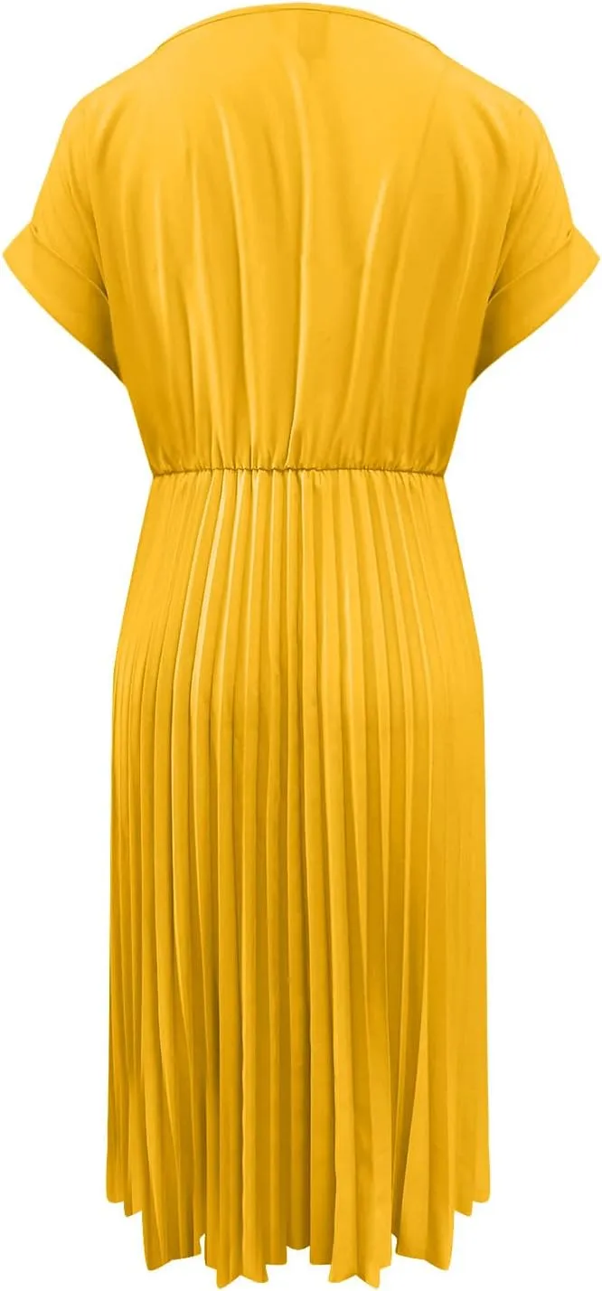 Women's Crew Neck Short Sleeve Dresses Classy Simple Solid A-Line Pleated Dresses Casual Summer Beach Sundress