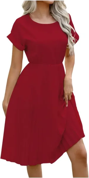 Women's Crew Neck Short Sleeve Dresses Classy Simple Solid A-Line Pleated Dresses Casual Summer Beach Sundress