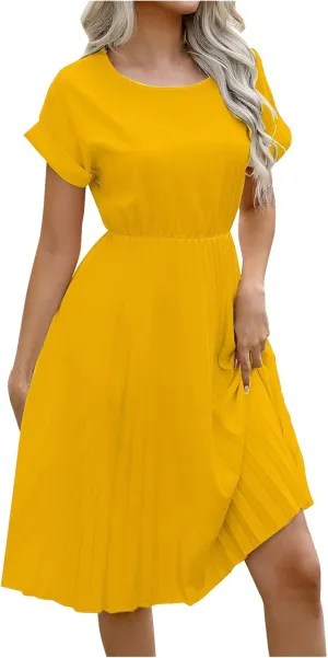 Women's Crew Neck Short Sleeve Dresses Classy Simple Solid A-Line Pleated Dresses Casual Summer Beach Sundress