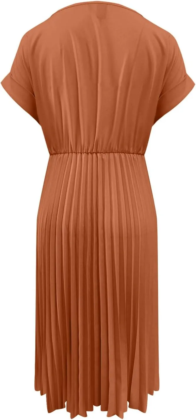 Women's Crew Neck Short Sleeve Dresses Classy Simple Solid A-Line Pleated Dresses Casual Summer Beach Sundress