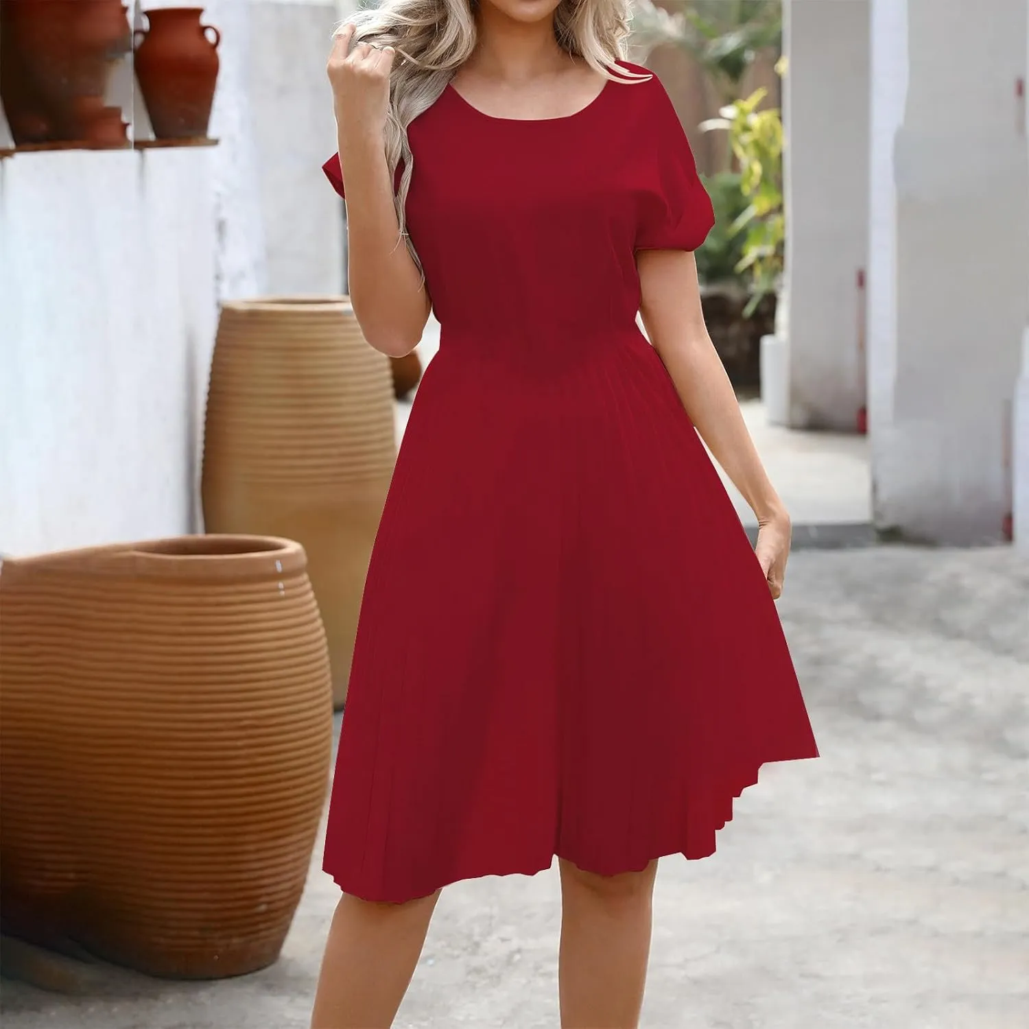 Women's Crew Neck Short Sleeve Dresses Classy Simple Solid A-Line Pleated Dresses Casual Summer Beach Sundress