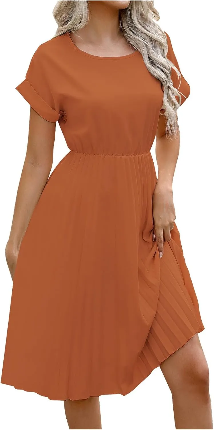 Women's Crew Neck Short Sleeve Dresses Classy Simple Solid A-Line Pleated Dresses Casual Summer Beach Sundress
