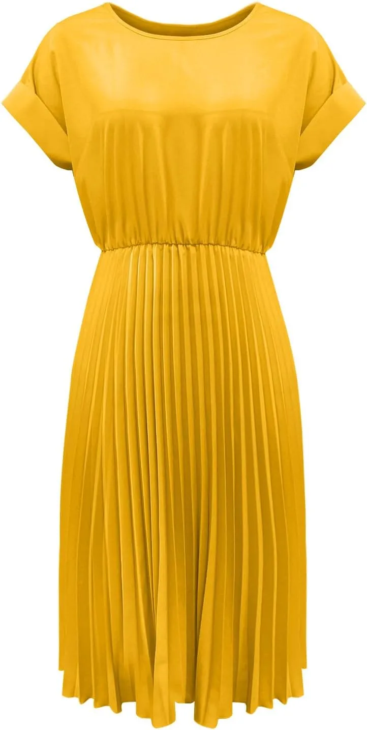 Women's Crew Neck Short Sleeve Dresses Classy Simple Solid A-Line Pleated Dresses Casual Summer Beach Sundress