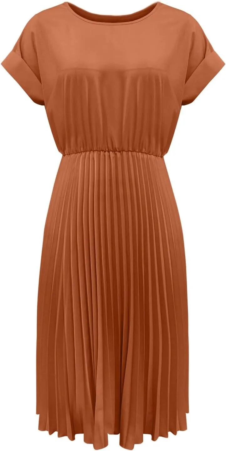 Women's Crew Neck Short Sleeve Dresses Classy Simple Solid A-Line Pleated Dresses Casual Summer Beach Sundress