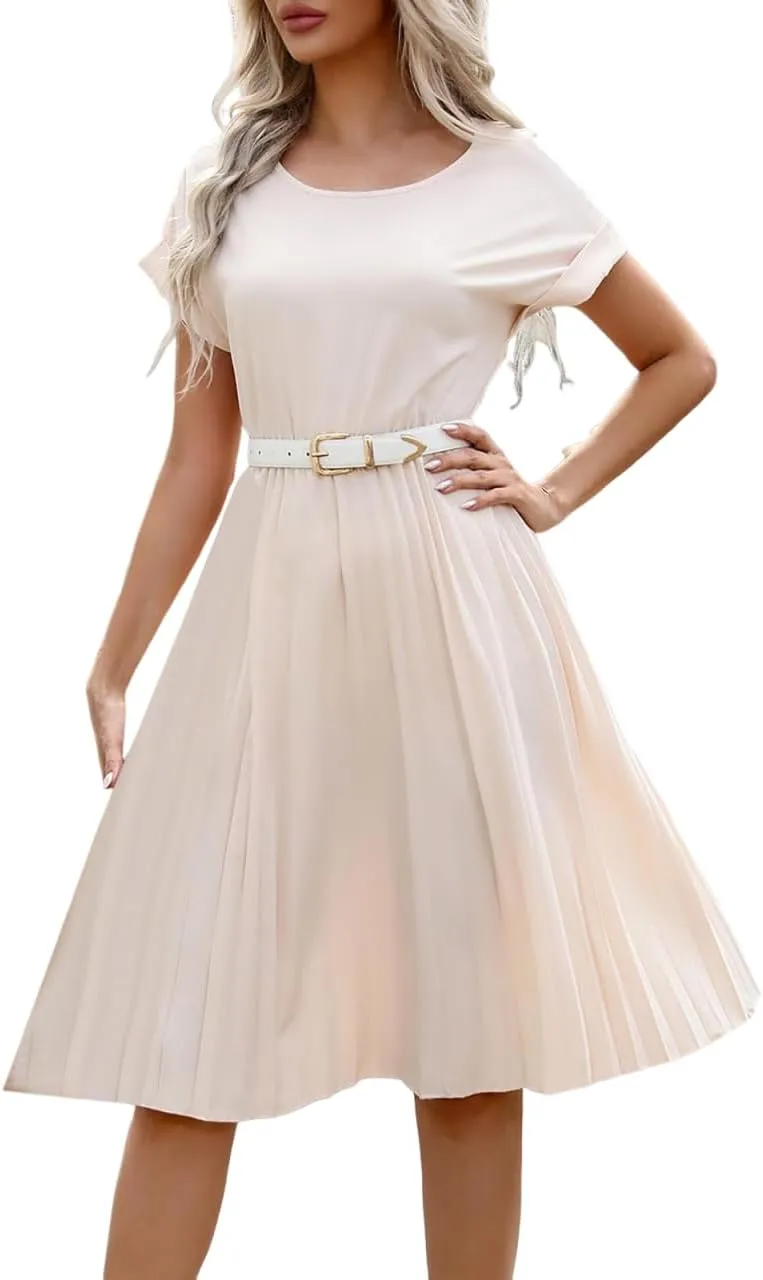 Women's Crew Neck Short Sleeve Dresses Classy Simple Solid A-Line Pleated Dresses Casual Summer Beach Sundress