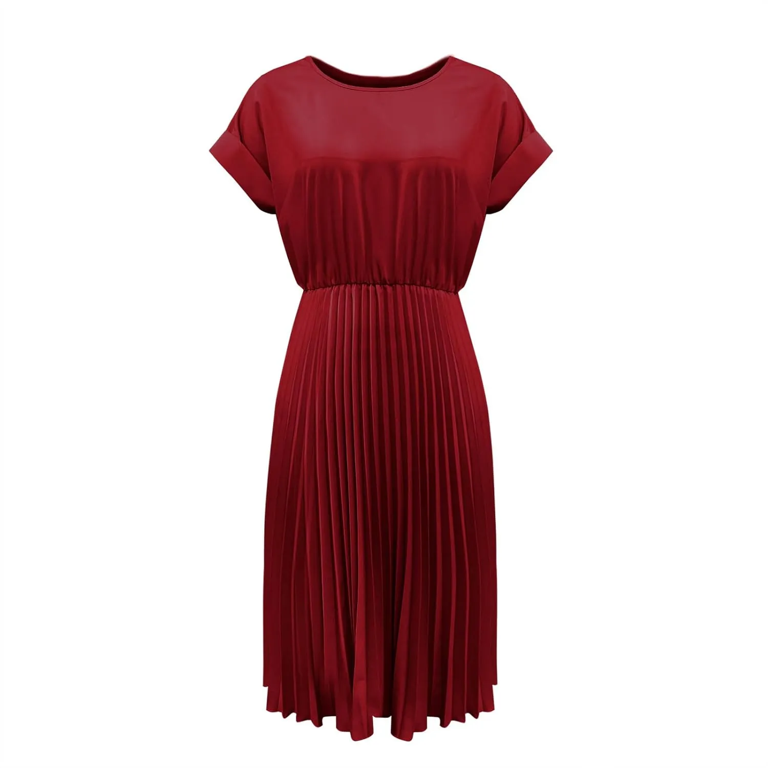 Women's Crew Neck Short Sleeve Dresses Classy Simple Solid A-Line Pleated Dresses Casual Summer Beach Sundress