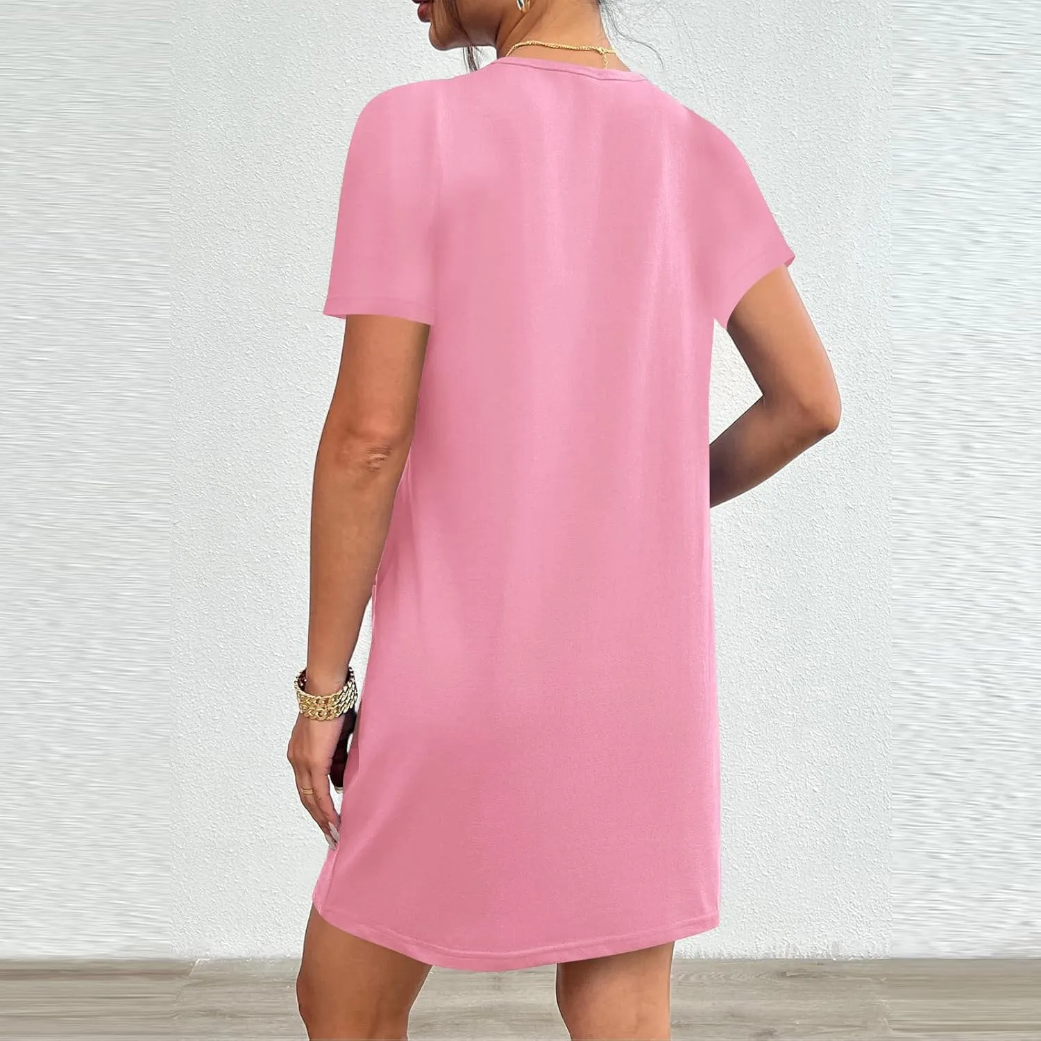 Womens Crewneck Summer Casual Sundress Simple Solid Color T Shirt Dress Comfy Loose Fit Beach Dress with Pockets
