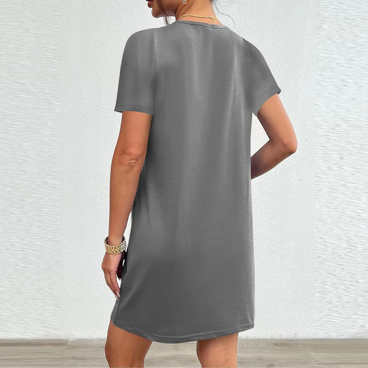 Womens Crewneck Summer Casual Sundress Simple Solid Color T Shirt Dress Comfy Loose Fit Beach Dress with Pockets