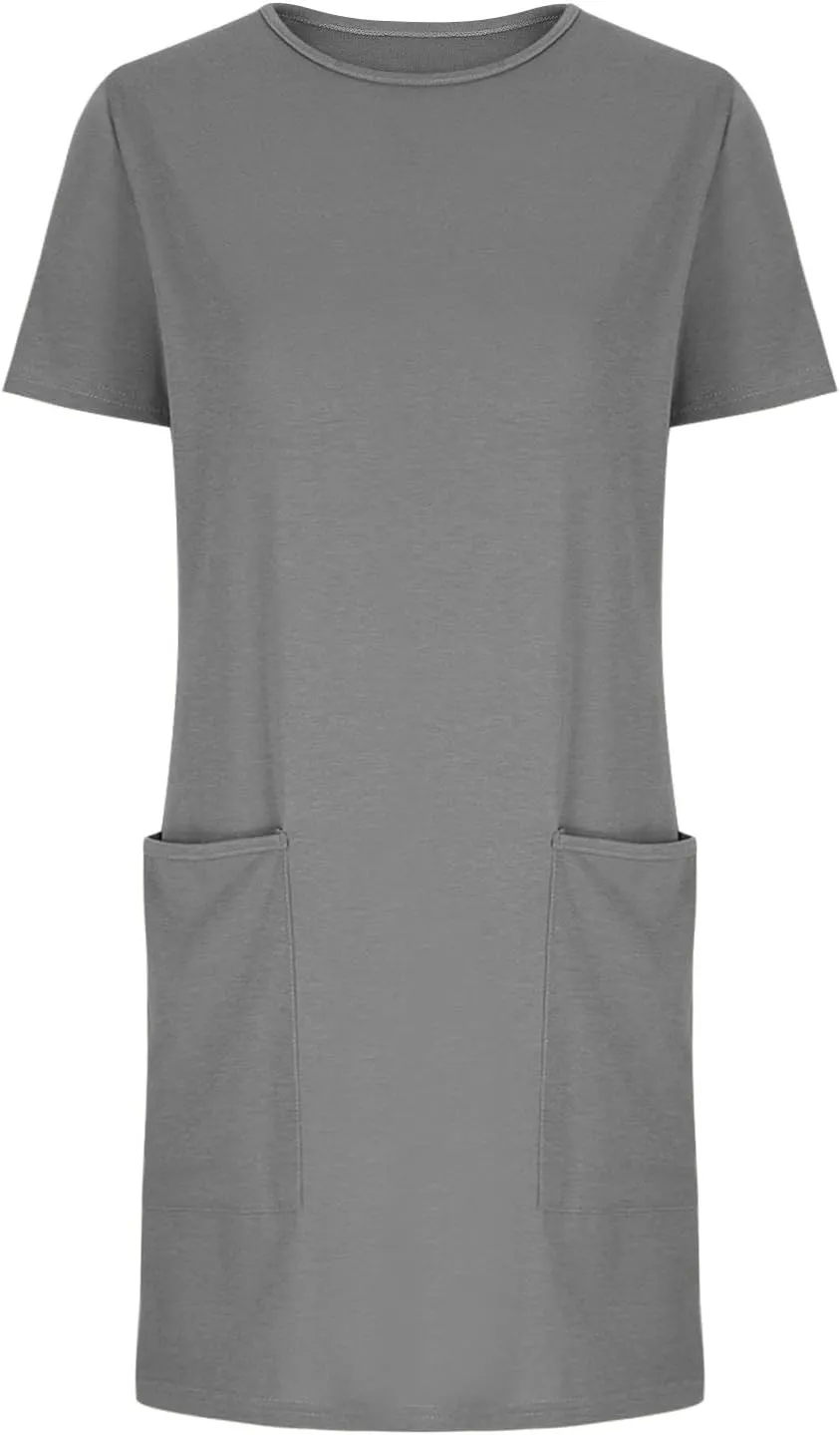 Womens Crewneck Summer Casual Sundress Simple Solid Color T Shirt Dress Comfy Loose Fit Beach Dress with Pockets