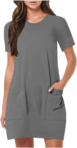Womens Crewneck Summer Casual Sundress Simple Solid Color T Shirt Dress Comfy Loose Fit Beach Dress with Pockets