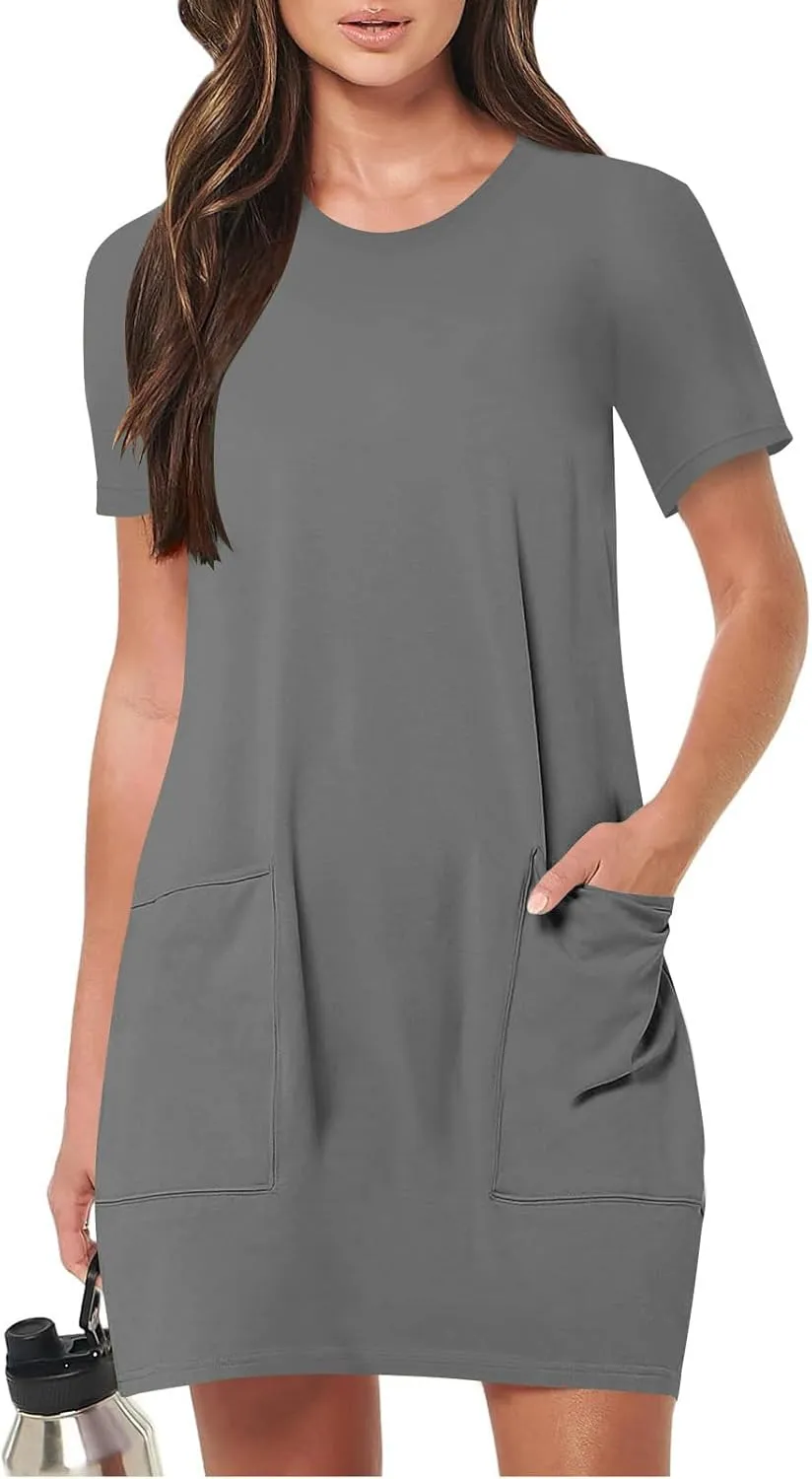 Womens Crewneck Summer Casual Sundress Simple Solid Color T Shirt Dress Comfy Loose Fit Beach Dress with Pockets