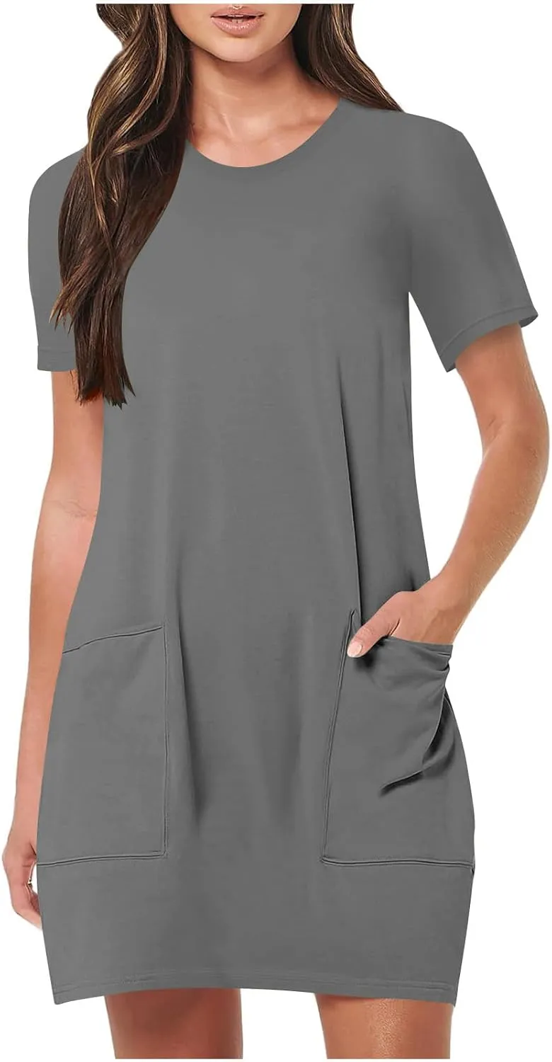 Womens Crewneck Summer Casual Sundress Simple Solid Color T Shirt Dress Comfy Loose Fit Beach Dress with Pockets