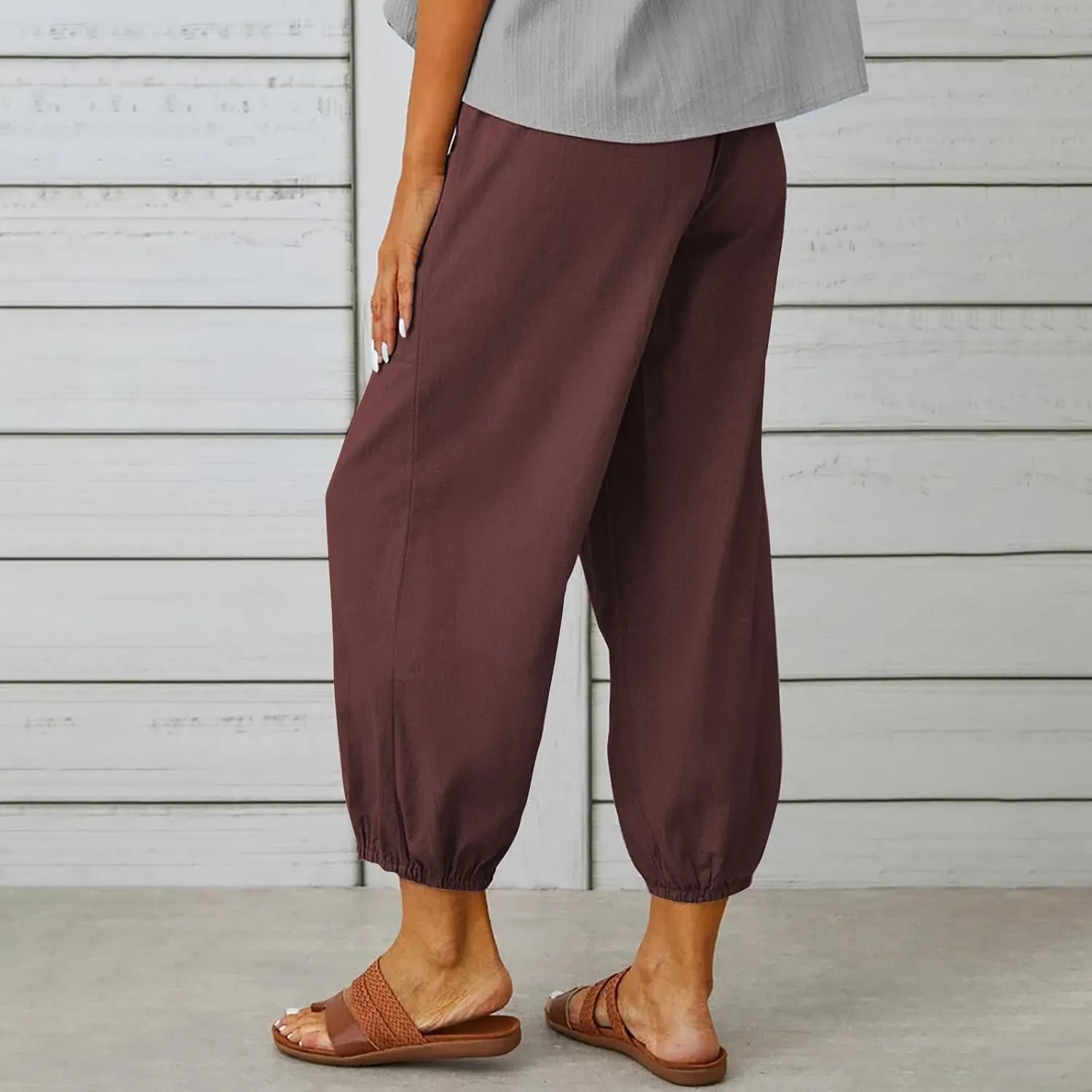 Women's Cropped Drawstring Waist Wide Leg Loose Cotton Linen Capri Pants for Women