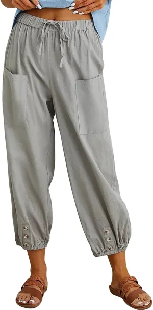 Women's Cropped Drawstring Waist Wide Leg Loose Cotton Linen Capri Pants for Women