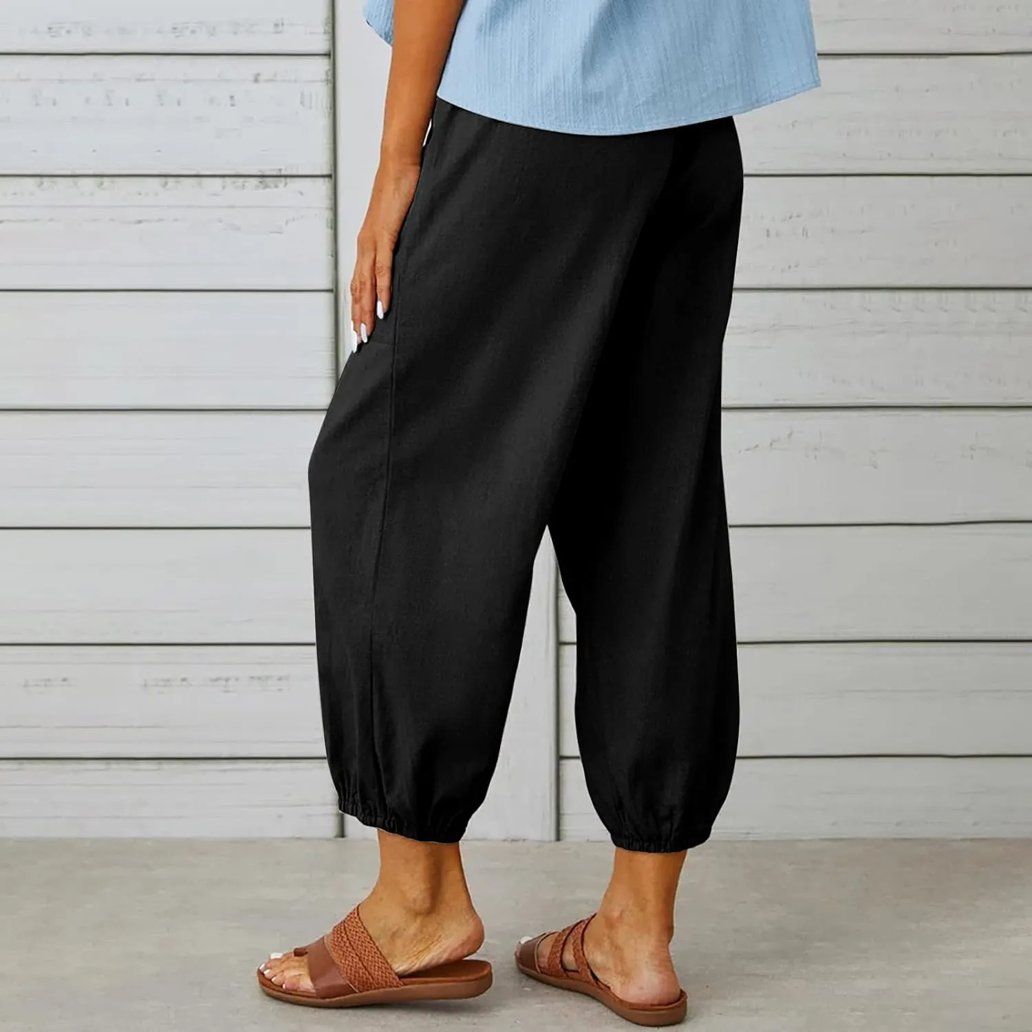 Women's Cropped Drawstring Waist Wide Leg Loose Cotton Linen Capri Pants for Women