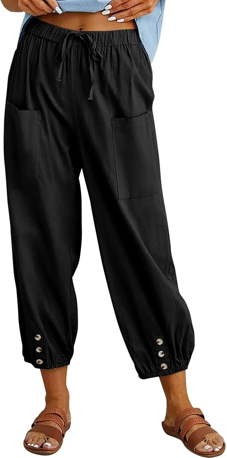 Women's Cropped Drawstring Waist Wide Leg Loose Cotton Linen Capri Pants for Women