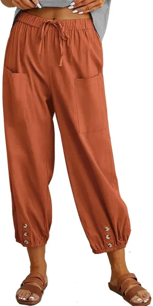 Women's Cropped Drawstring Waist Wide Leg Loose Cotton Linen Capri Pants for Women