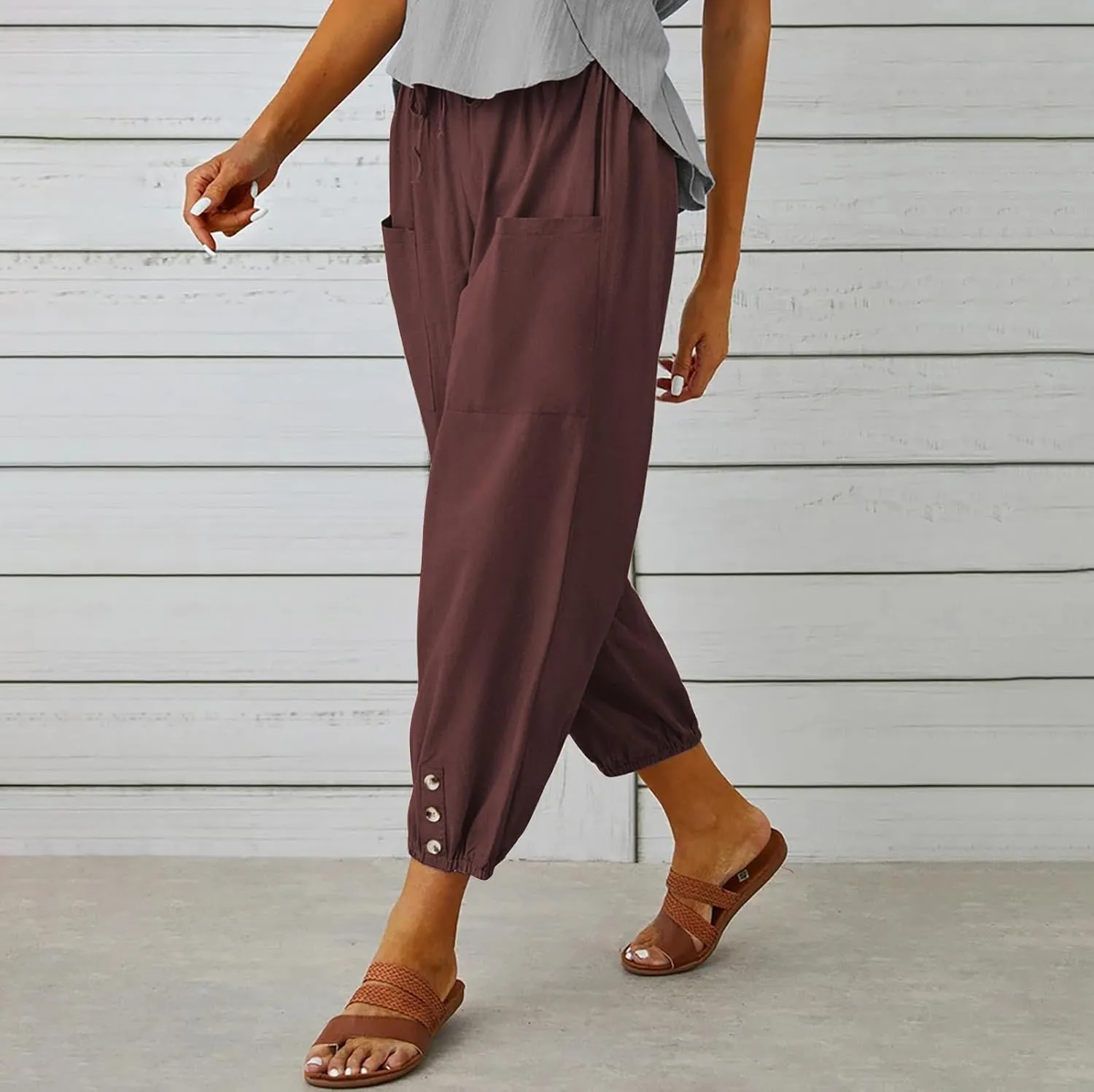 Women's Cropped Drawstring Waist Wide Leg Loose Cotton Linen Capri Pants for Women