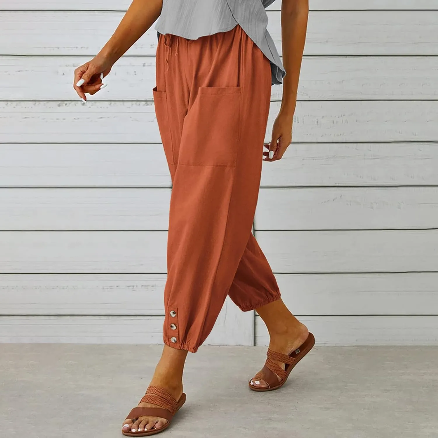 Women's Cropped Drawstring Waist Wide Leg Loose Cotton Linen Capri Pants for Women