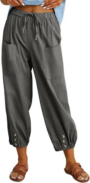 Women's Cropped Drawstring Waist Wide Leg Loose Cotton Linen Capri Pants for Women