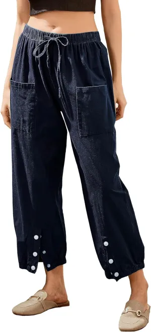 Women's Cropped Drawstring Waist Wide Leg Loose Cotton Linen Capri Pants for Women