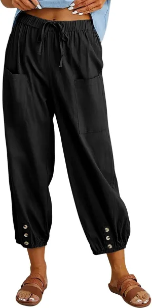 Women's Cropped Drawstring Waist Wide Leg Loose Cotton Linen Capri Pants for Women
