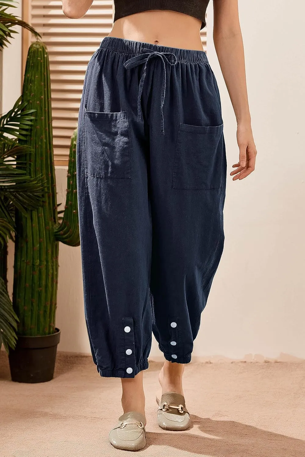 Women's Cropped Drawstring Waist Wide Leg Loose Cotton Linen Capri Pants for Women
