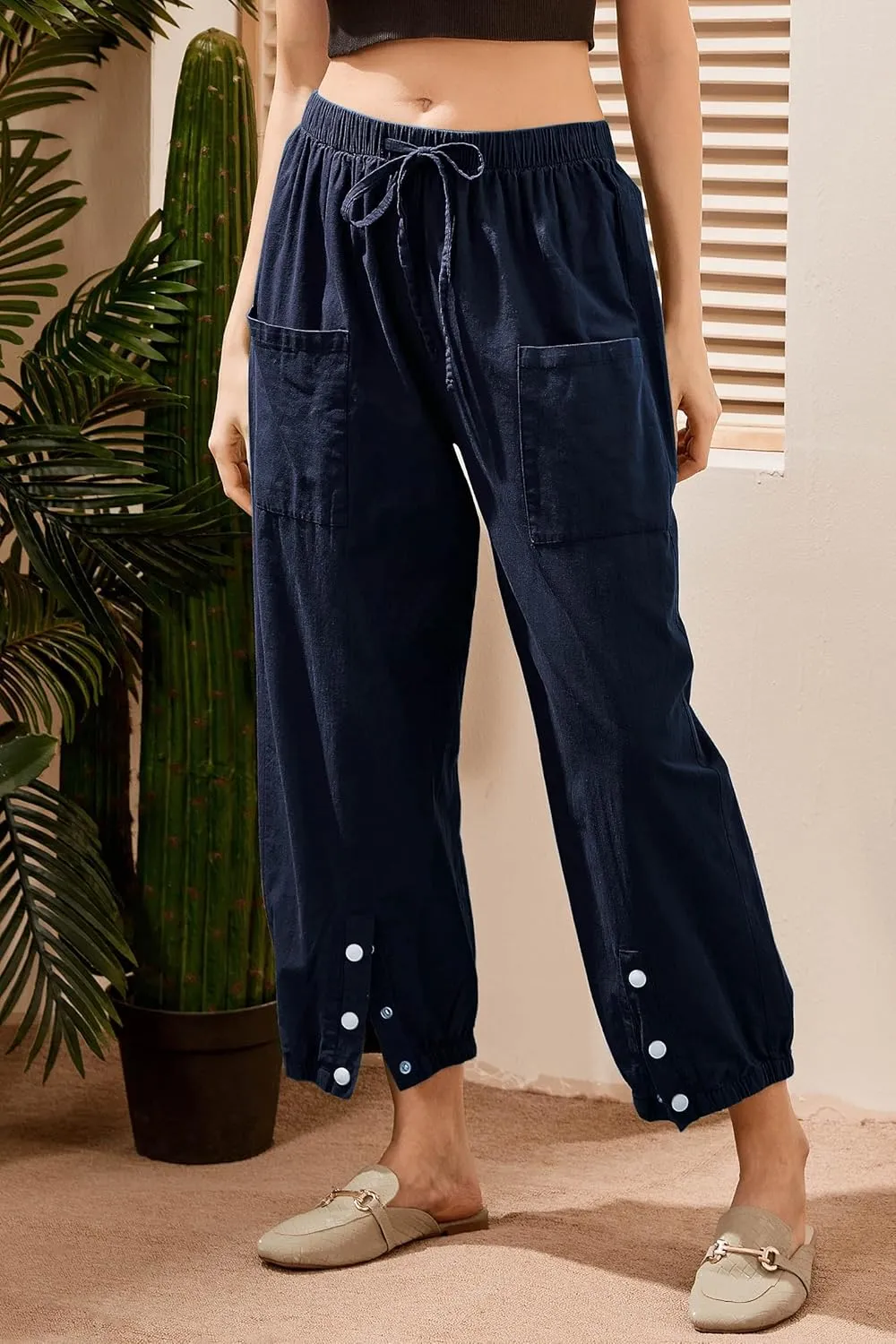 Women's Cropped Drawstring Waist Wide Leg Loose Cotton Linen Capri Pants for Women