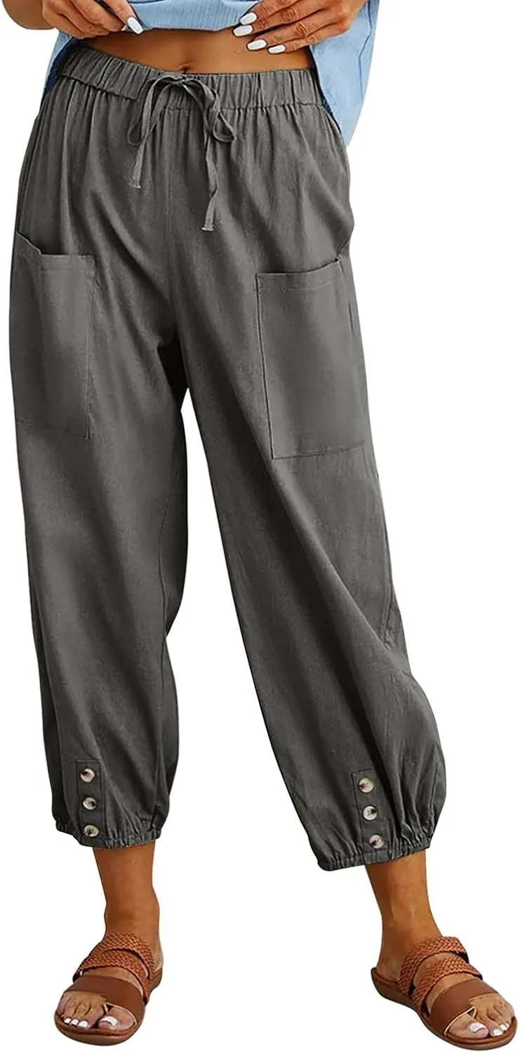 Women's Cropped Drawstring Waist Wide Leg Loose Cotton Linen Capri Pants for Women