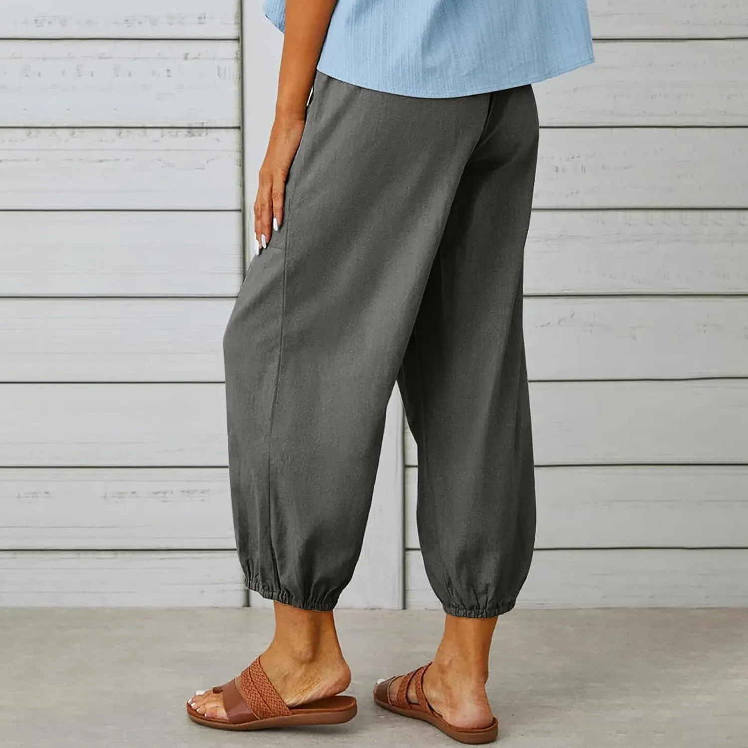 Women's Cropped Drawstring Waist Wide Leg Loose Cotton Linen Capri Pants for Women