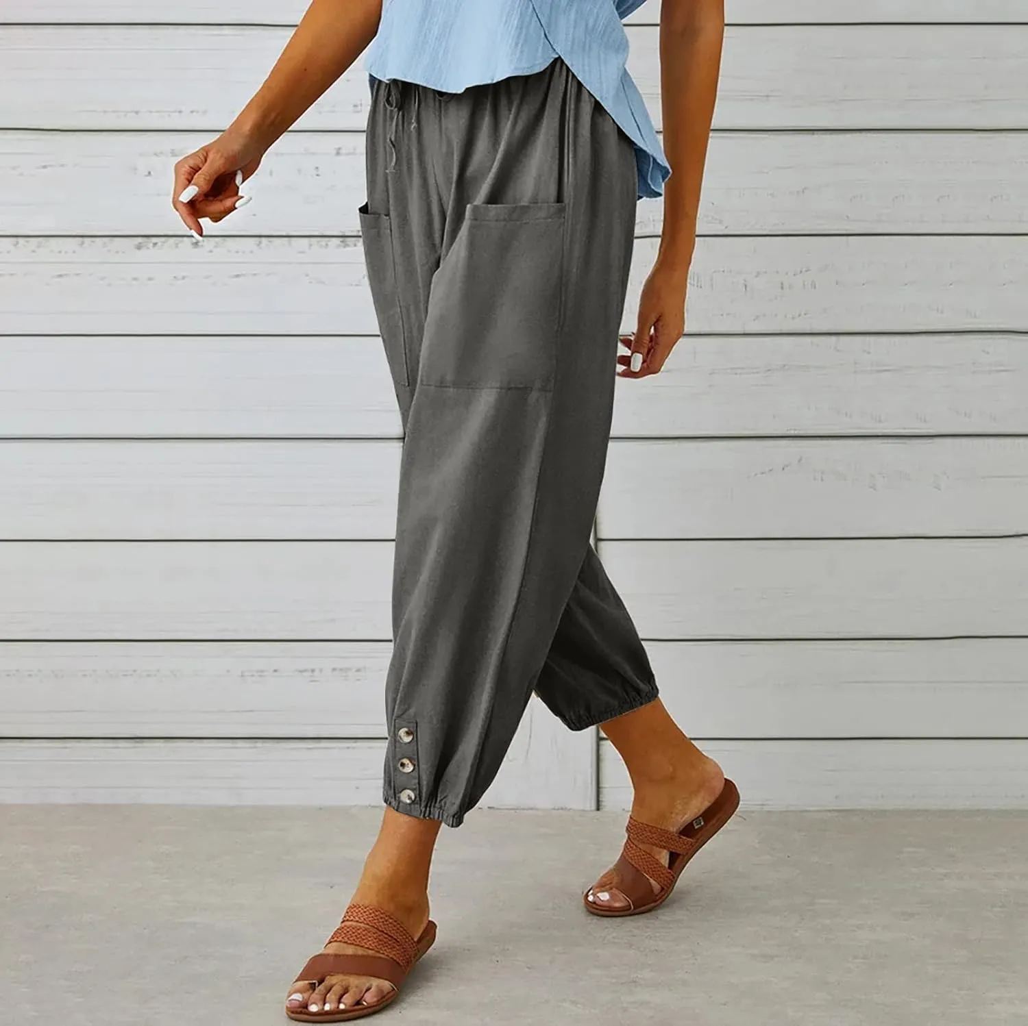 Women's Cropped Drawstring Waist Wide Leg Loose Cotton Linen Capri Pants for Women