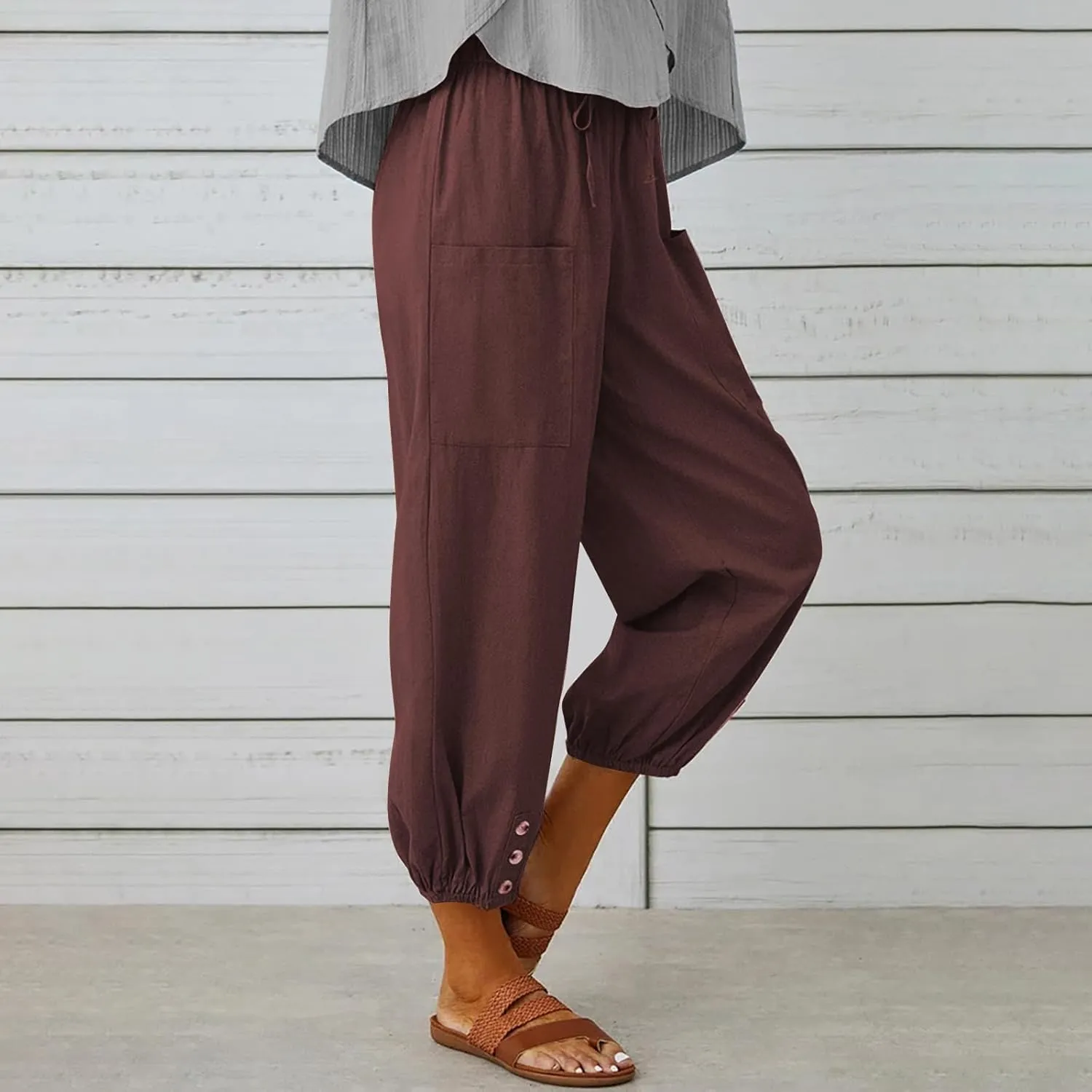 Women's Cropped Drawstring Waist Wide Leg Loose Cotton Linen Capri Pants for Women