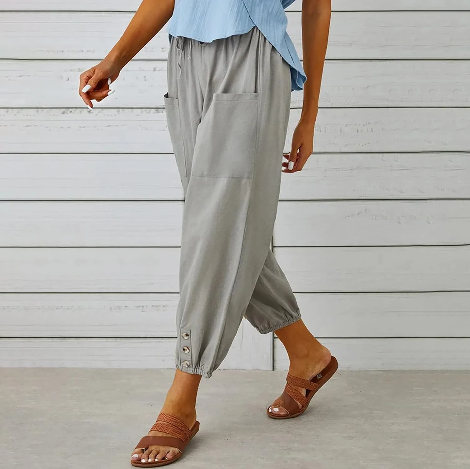 Women's Cropped Drawstring Waist Wide Leg Loose Cotton Linen Capri Pants for Women